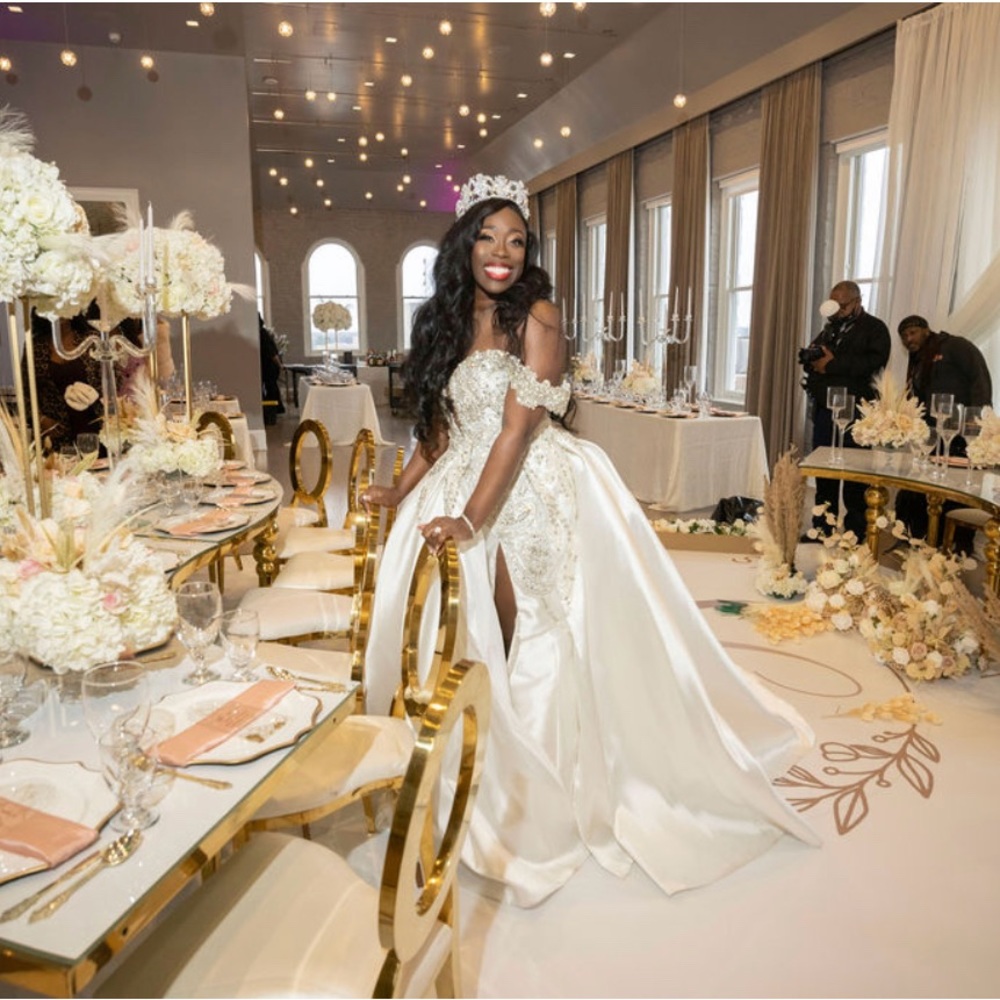 Ese Ezenabor custom pearl colored  satin, jeweled, wedding gown with train - Picture 4 of 8